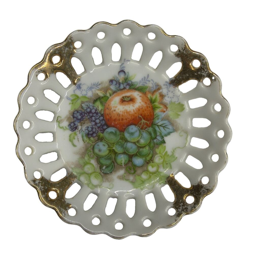 Acme China Porcelain Dish Trinket Butter Pat Fruit Gold Lace Scalloped Edge Gift